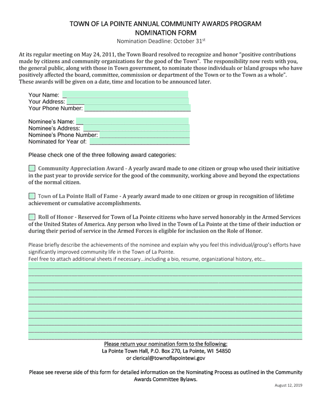 TOWN OF LA POINTE ANNUAL COMMUNITY AWARDS PROGRAM NOMINATION FORM screenshot