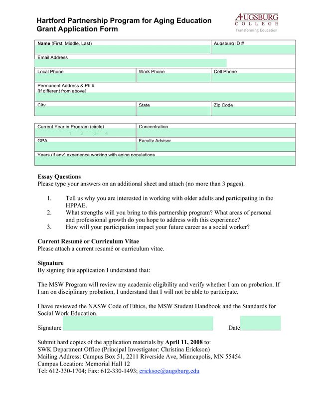 Hartford Partnership Program For Aging Education Grant Application Form screenshot