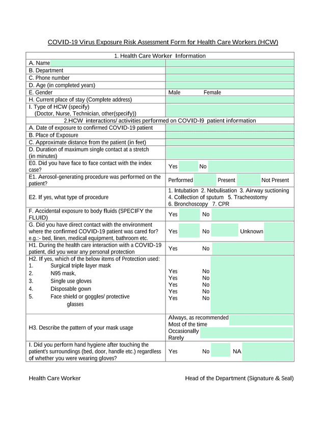COVID 19 Virus Exposure Risk Assessment Form For Health Care Workers (HCW) screenshot
