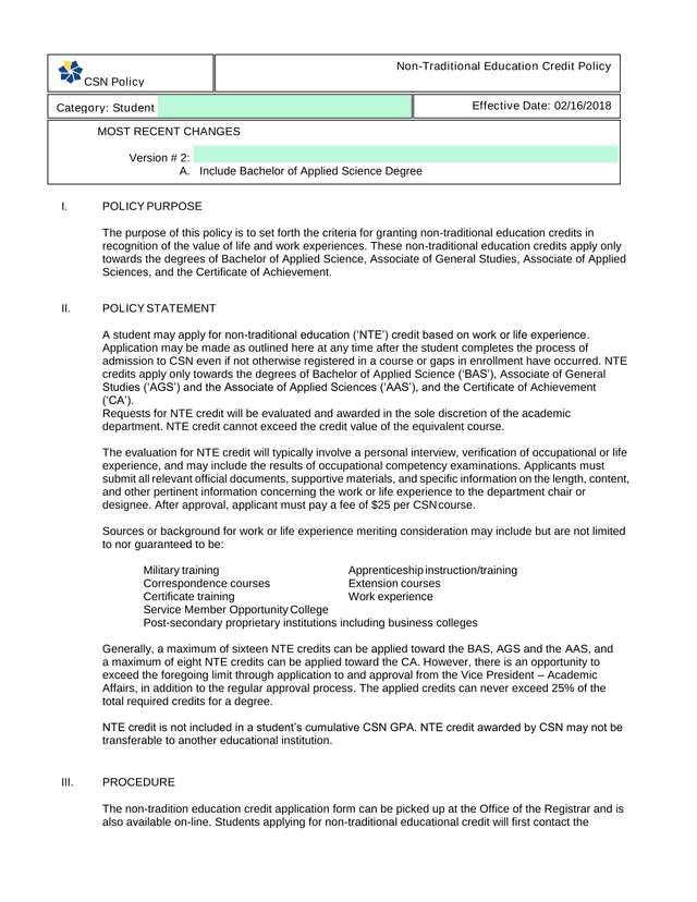 Non Traditional Education Credit Policy screenshot