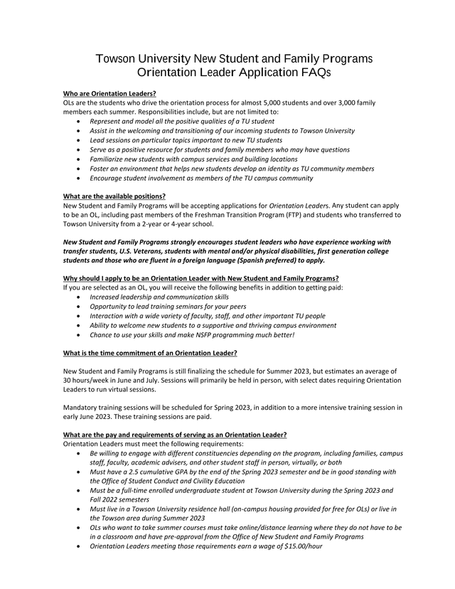 Towson University New Student And Family Programs Orientation Leader Application FAQs screenshot