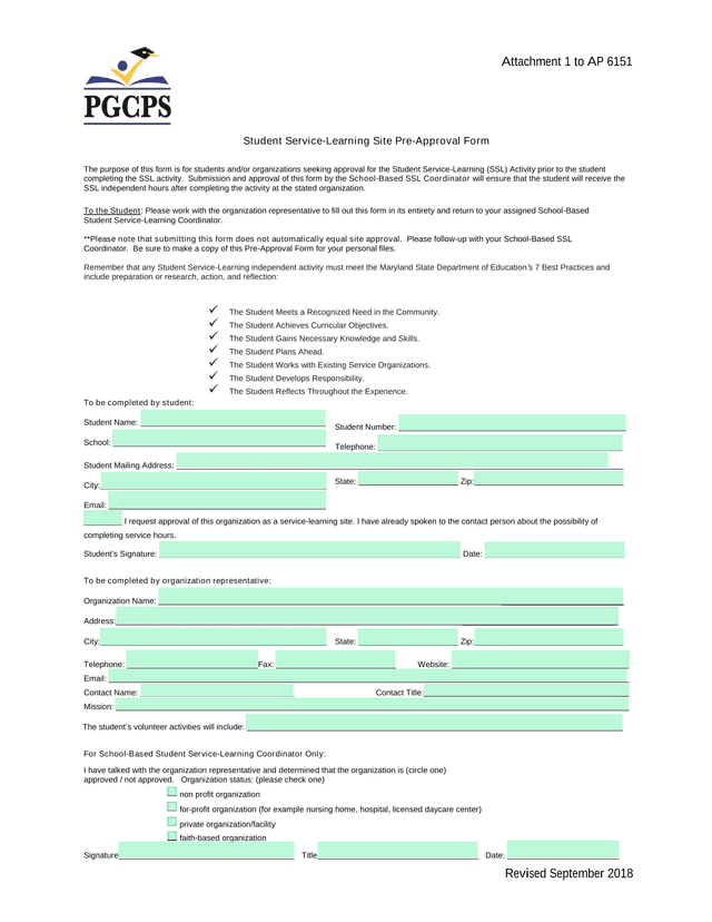 Student Service Learning Site Pre Approval Form screenshot