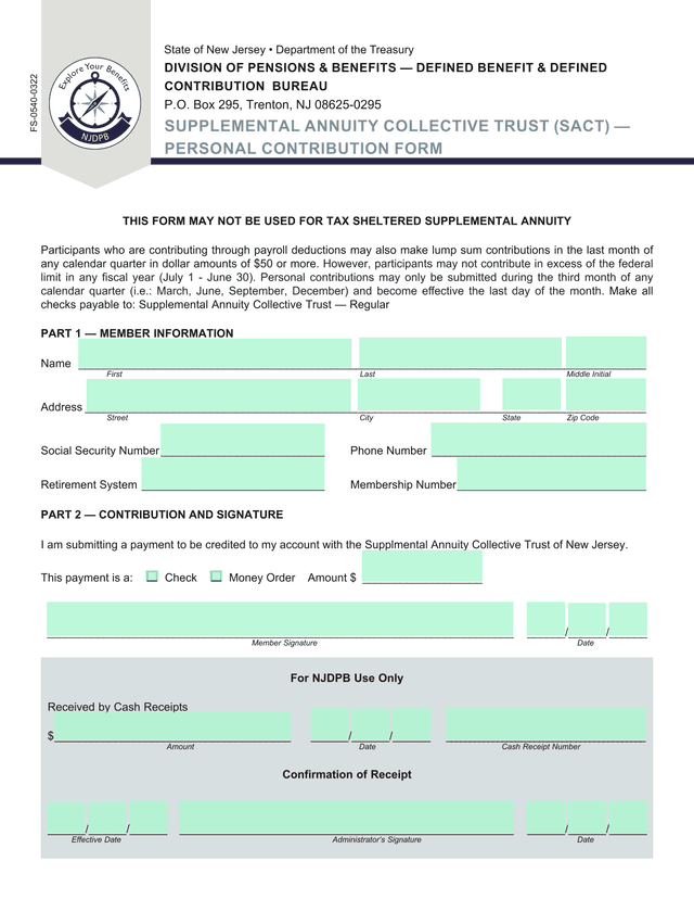 Supplemental Annuity Collective Trust (SACT)  Personal Contribution Form screenshot