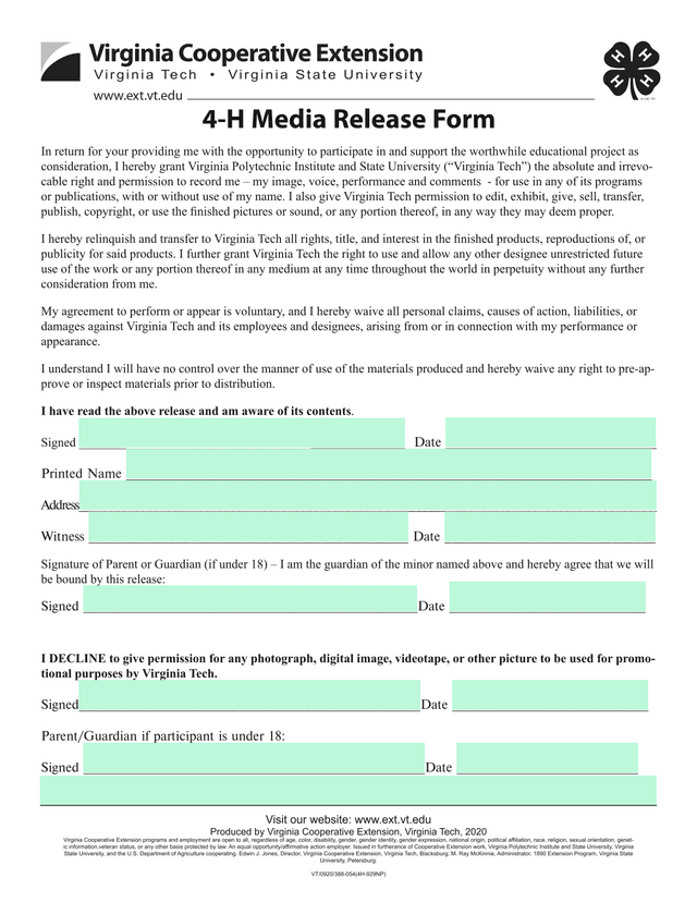 4 H Media Release Form screenshot