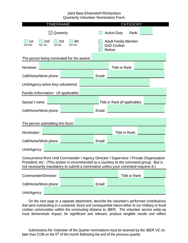 Quarterly Volunteer Nomination Form screenshot