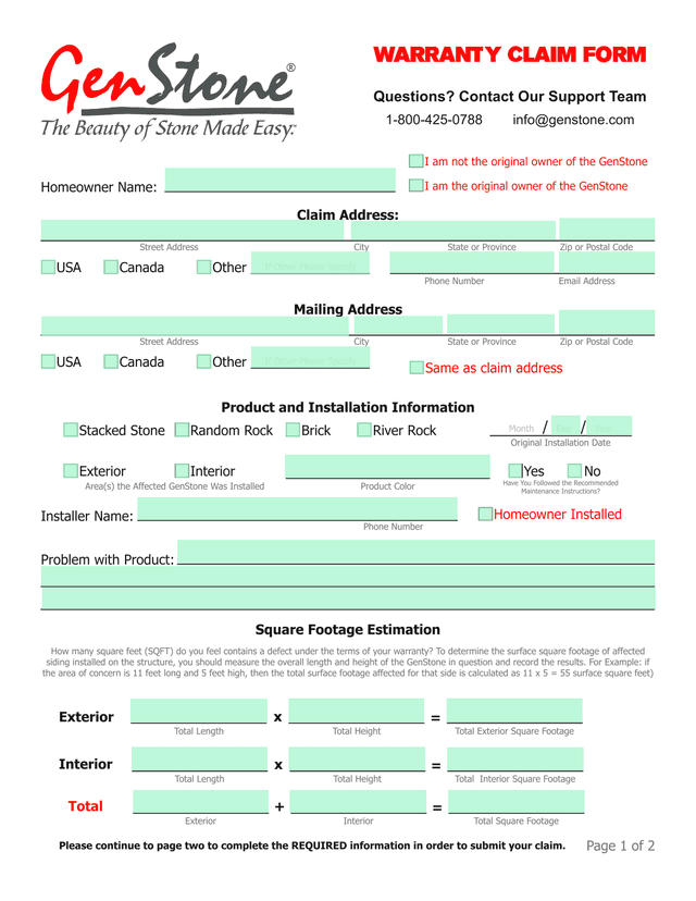 WARRANTY CLAIM FORM screenshot