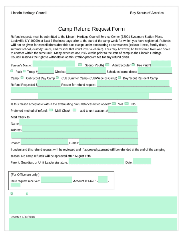Camp Refund Request Form screenshot