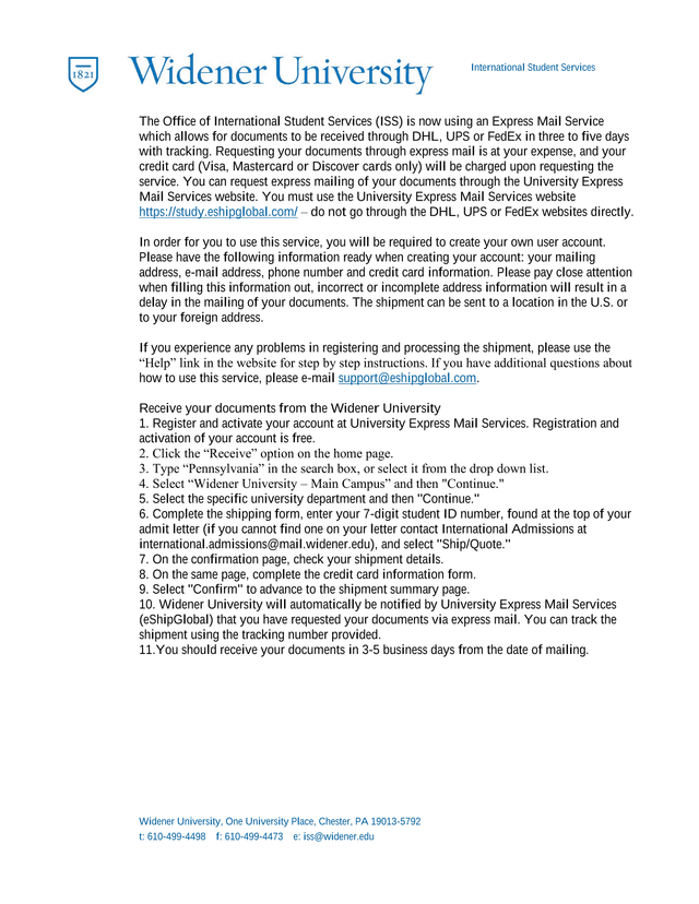 Widener University International Student Services Express Mail Instructions screenshot