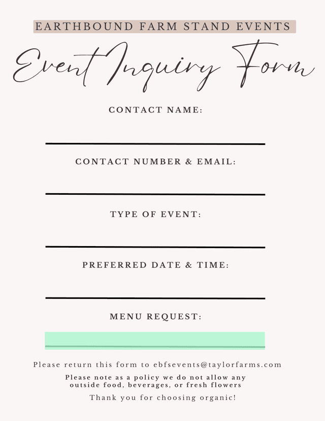 Earthbound Farm Stand Events Event Inquiry Form screenshot