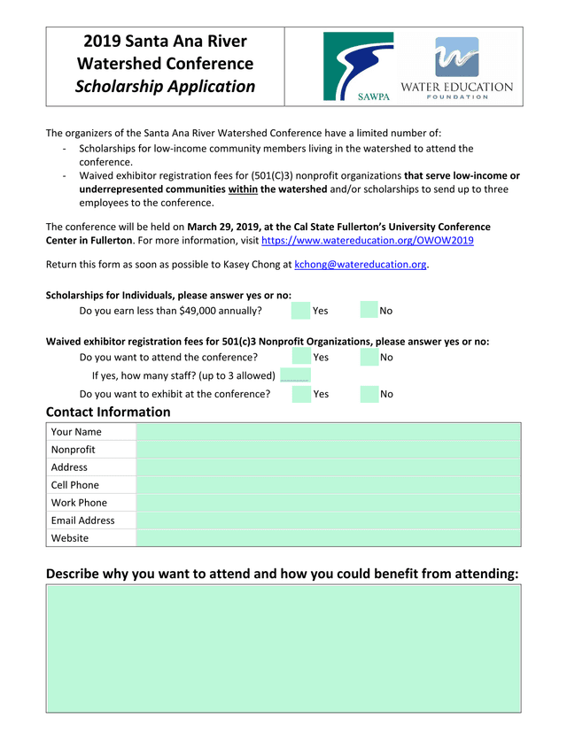 2019 Santa Ana River Watershed Conference Scholarship Application screenshot