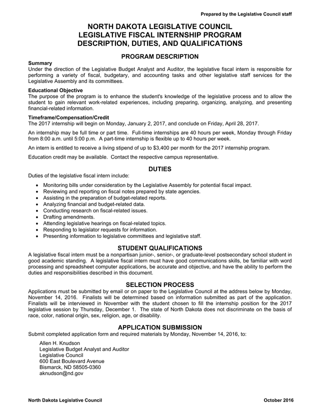 North Dakota Legislative Fiscal Internship Program Description, Duties, And Qualifications screenshot