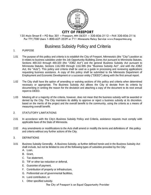Business Subsidy Policy And Criteria screenshot