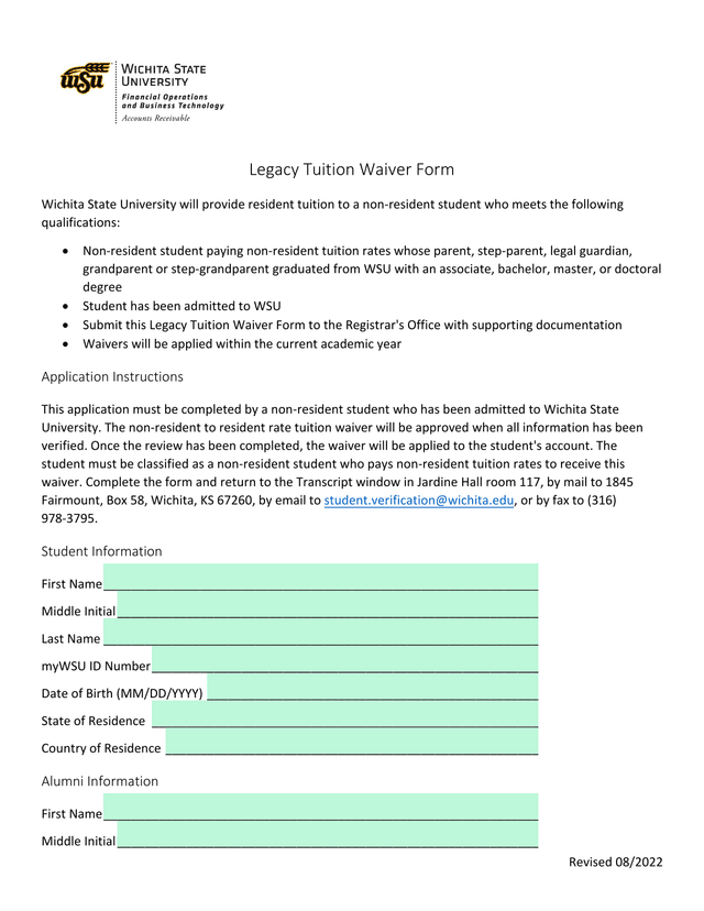 Legacy Tuition Waiver Form screenshot