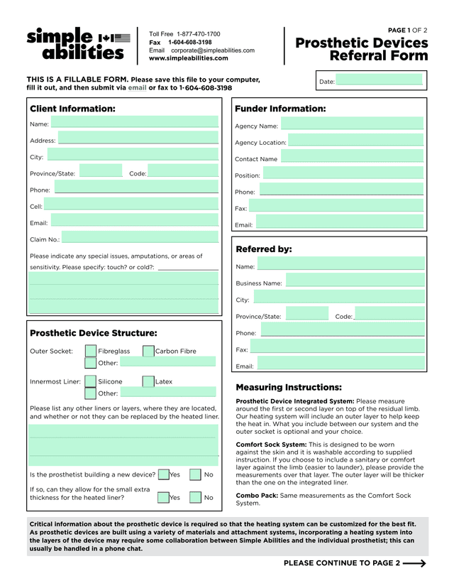 Prosthetic Devices Referral Form screenshot