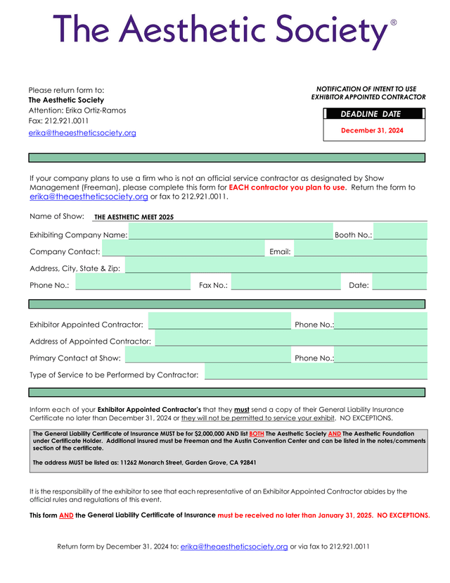 Notification Of Intent To Use Exhibitor Appointed Contractor screenshot