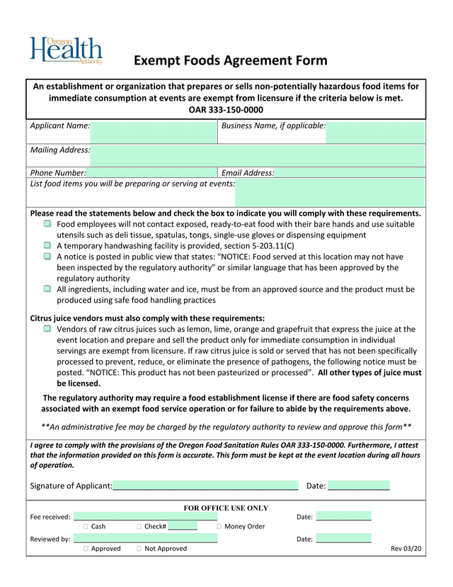 Exempt Foods Agreement Form screenshot
