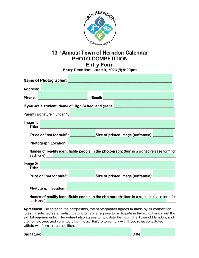 13th Annual Town Of Herndon Calendar Photo Competition Entry Form screenshot