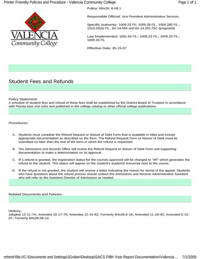Student Fees And Refunds Policy screenshot