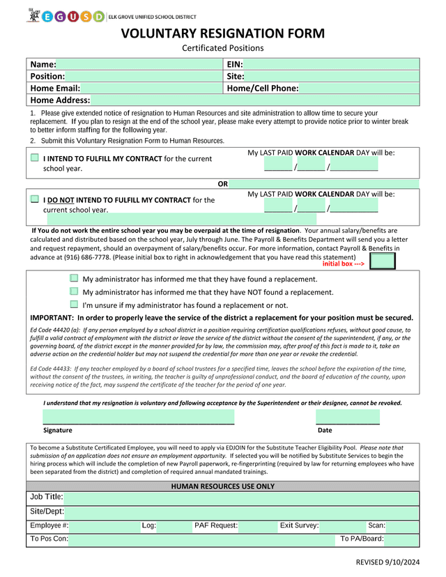 VOLUNTARY RESIGNATION FORM screenshot