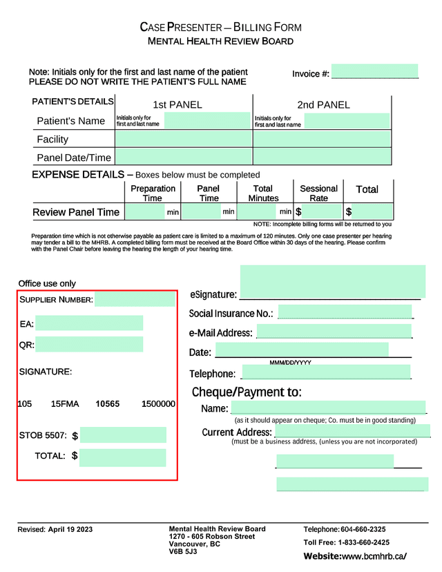 Mental Health Review Board Case Presenter Billing Form screenshot