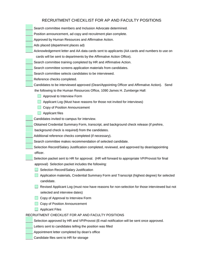RECRUITMENT CHECKLIST FOR AP AND FACULTY POSITIONS screenshot