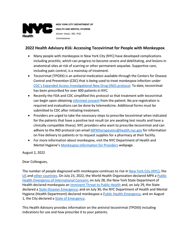 2022 Health Advisory 16 Accessing Tecovirimat For People With Monkeypox screenshot
