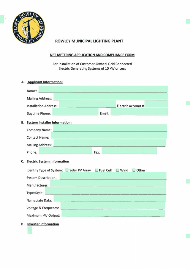 Rowley Municipal Lighting Plant Net Metering Application And Compliance Form screenshot