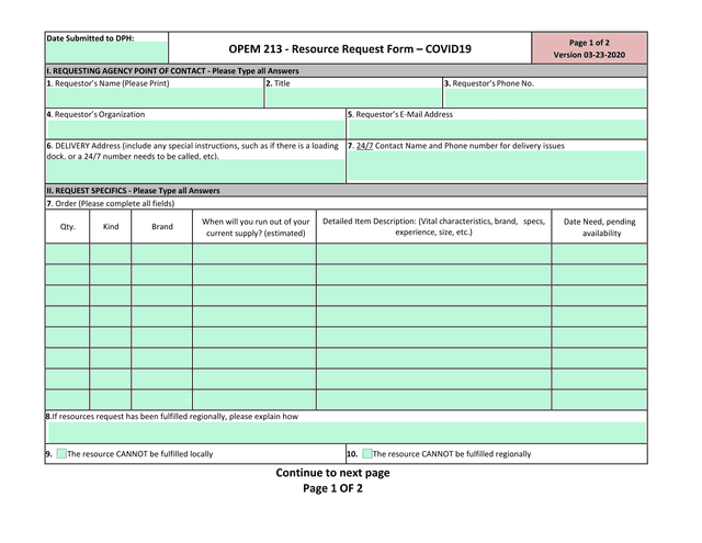 OPEM 213   Resource Request Form  COVID19 screenshot