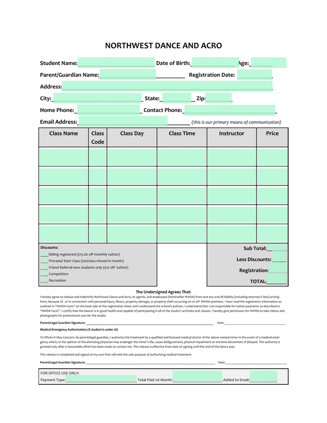 Northwest Dance And Acro Registration Form screenshot