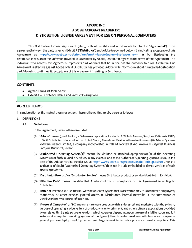 ADOBE ACROBAT READER DC DISTRIBUTION LICENSE AGREEMENT screenshot