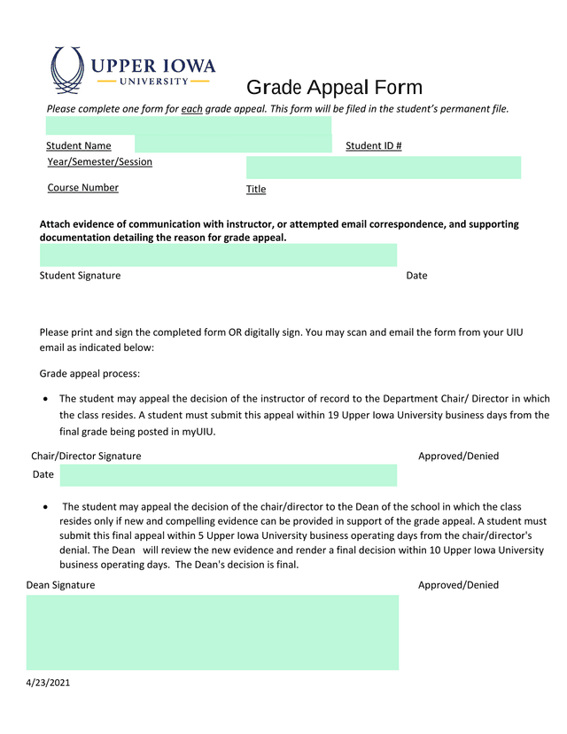 Grade Appeal Form screenshot