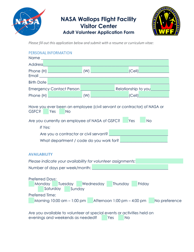 NASA Wallops Flight Facility Visitor Center Adult Volunteer Application Form screenshot