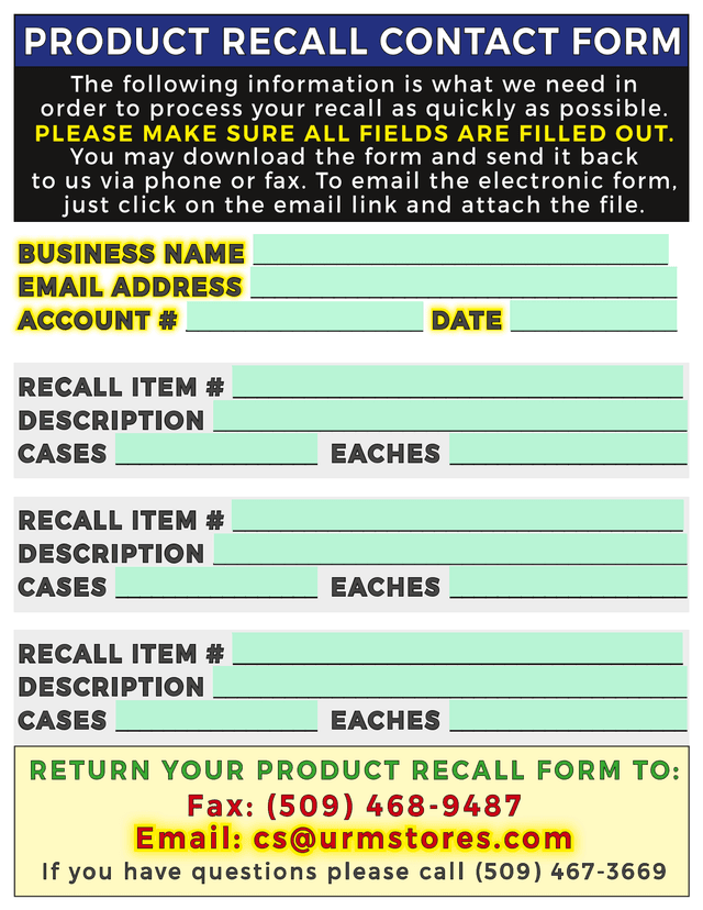 Product Recall Contact Form screenshot