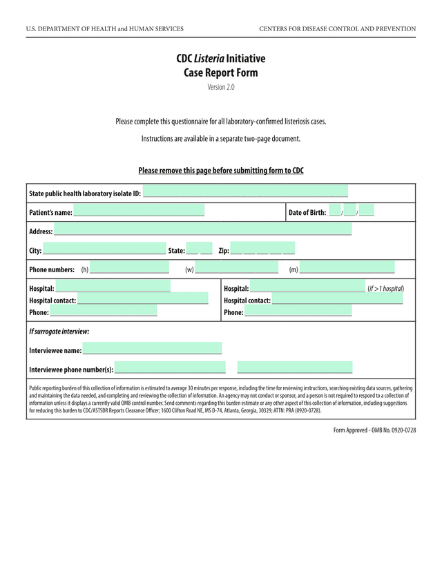 CDC Listeria Initiative Case Report Form screenshot