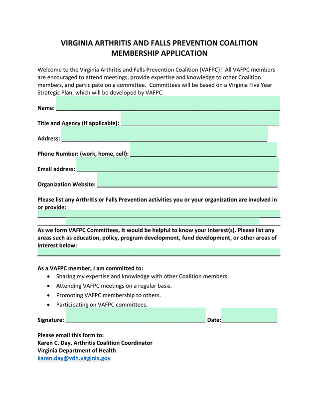 Virginia Arthritis And Falls Prevention Coalition Membership Application screenshot