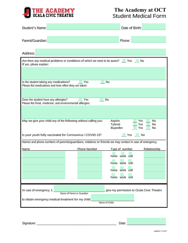 Student Medical Form screenshot