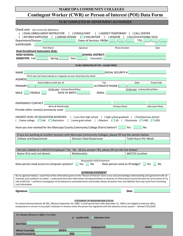 Contingent Worker (CWR) Or Person Of Interest (POI) Data Form screenshot