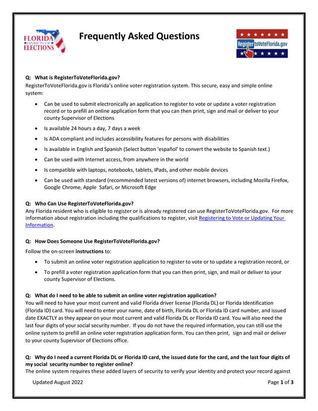 RegisterToVoteFlorida.Gov Frequently Asked Questions screenshot