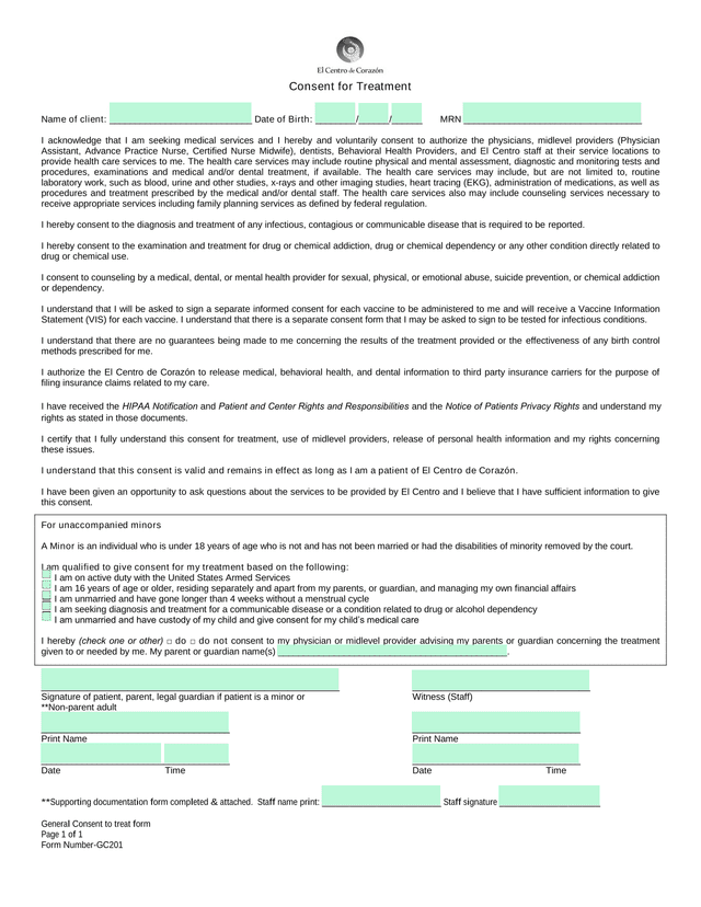 General Consent To Treat Form screenshot