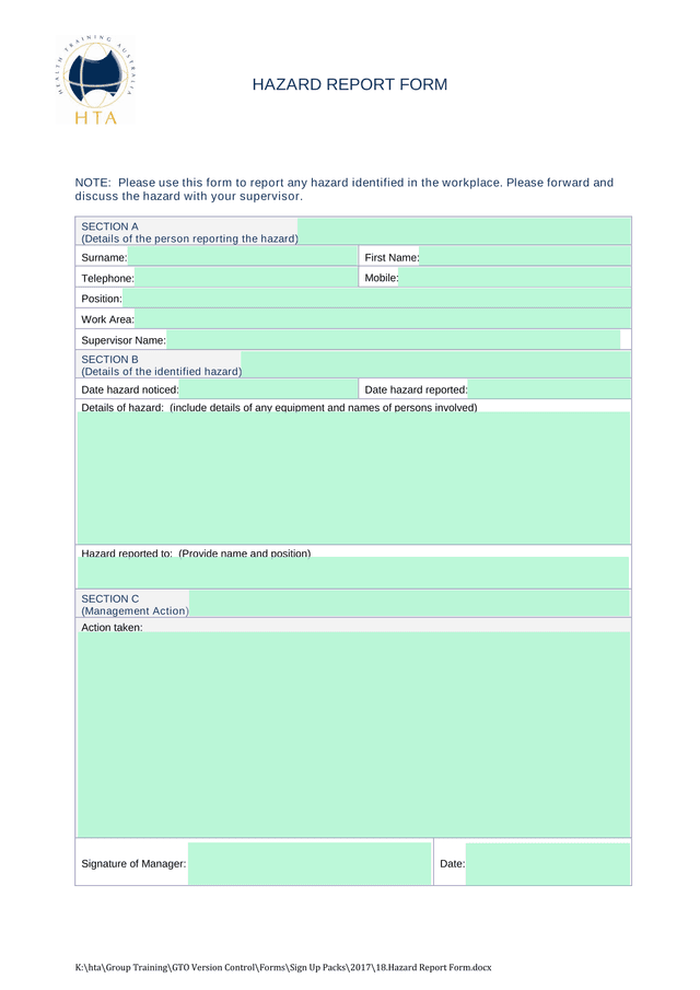 Hazard Report Form screenshot