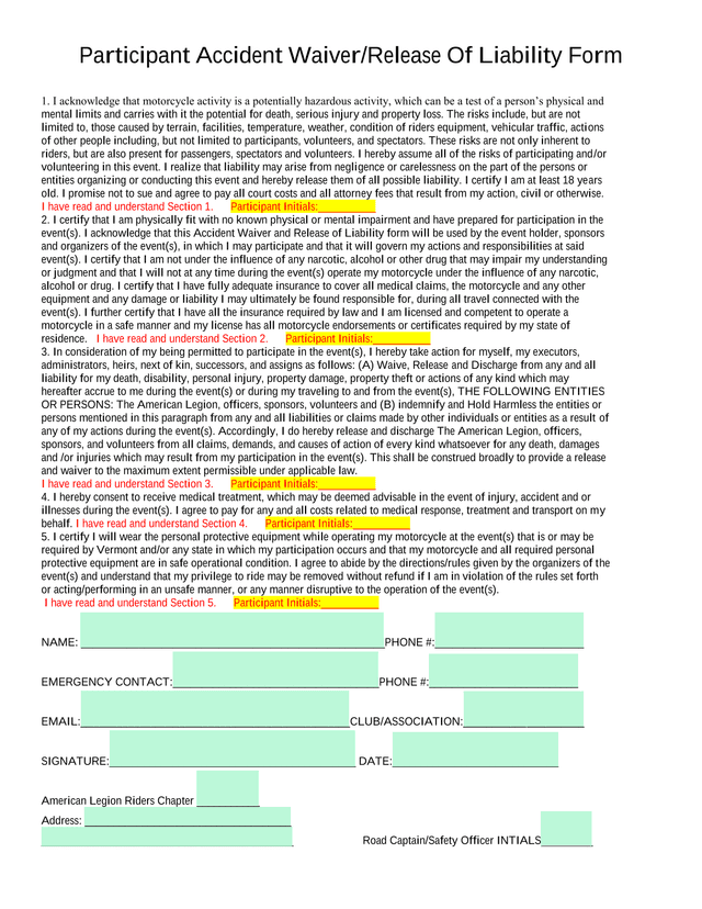 Participant Accident WaiverRelease Of Liability Form screenshot