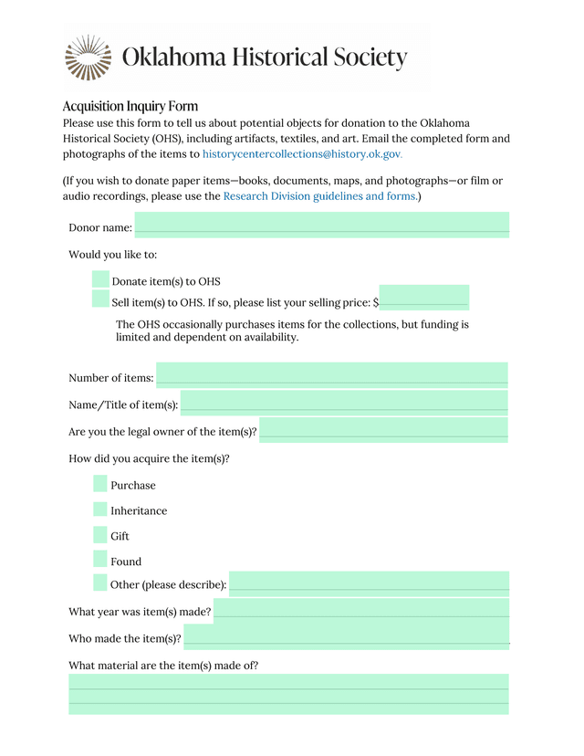 Acquisition Inquiry Form screenshot