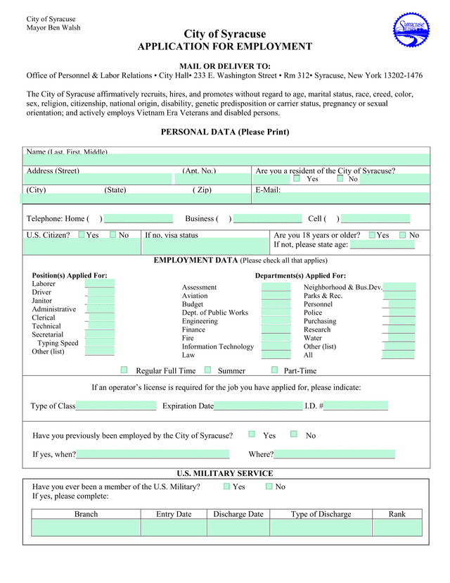 APPLICATION FOR EMPLOYMENT screenshot