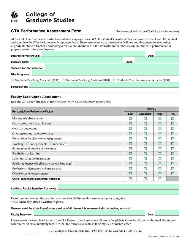 GTA Performance Assessment Form screenshot