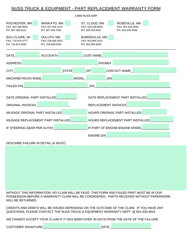 NUSS TRUCK  EQUIPMENT   PART REPLACEMENT WARRANTY FORM screenshot