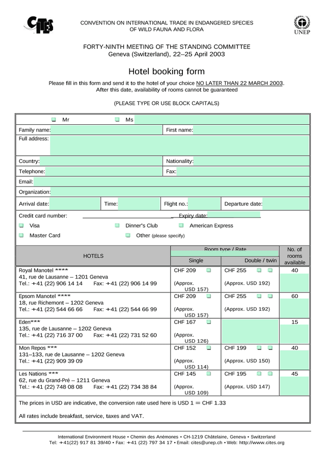 CITES Standing Committee Hotel Booking Form screenshot