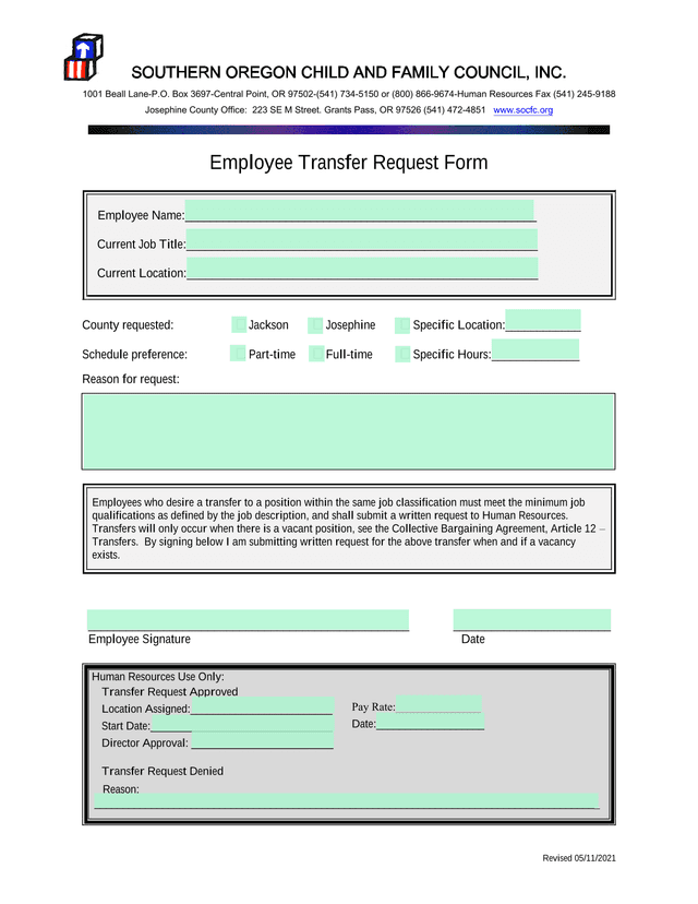 Employee Transfer Request Form screenshot