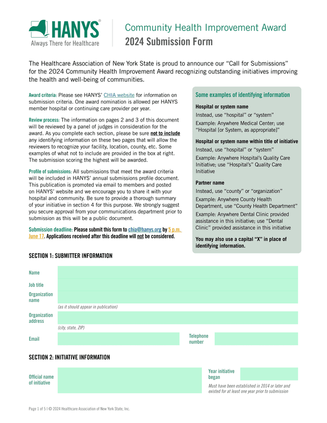 Community Health Improvement Award 2024 Submission Form screenshot