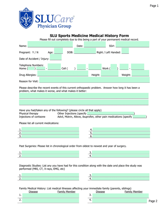 SLU Sports Medicine Medical History Form screenshot