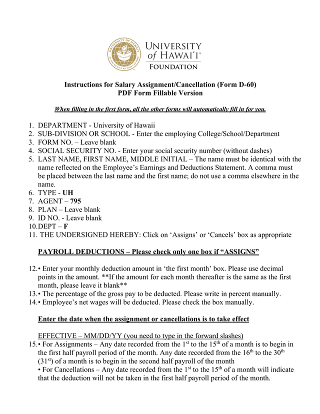 Instructions For Salary AssignmentCancellation (Form D 60) screenshot